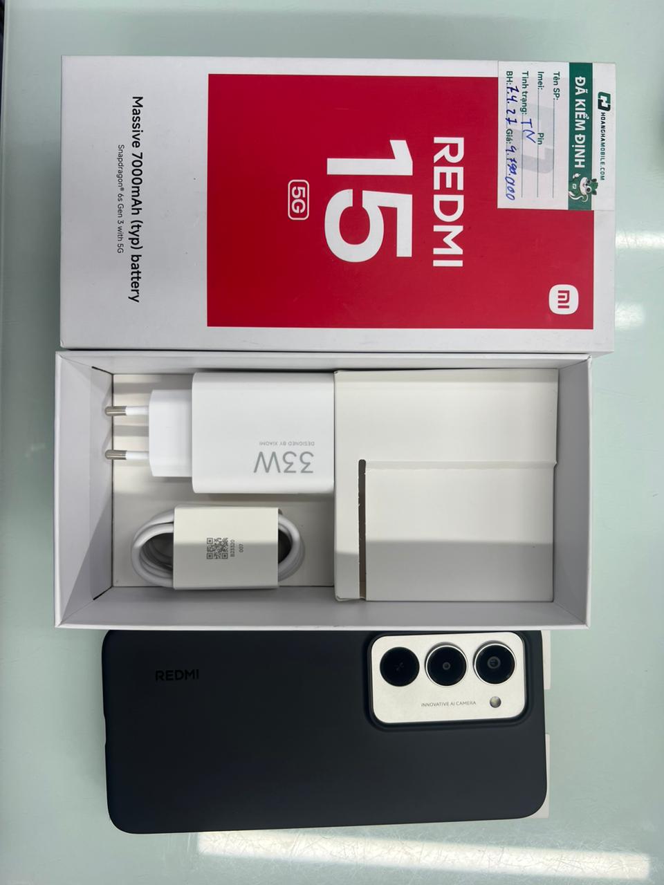 ĐIỆN THOẠI DI ĐỘNG (TEL) REDMI 15 5G 6.9"/SNAP 6S GEN 3/8G/256G/50MP+Auxiliary/8MP/7000mAh (25057RN09G)/XÁM (6932554454463)