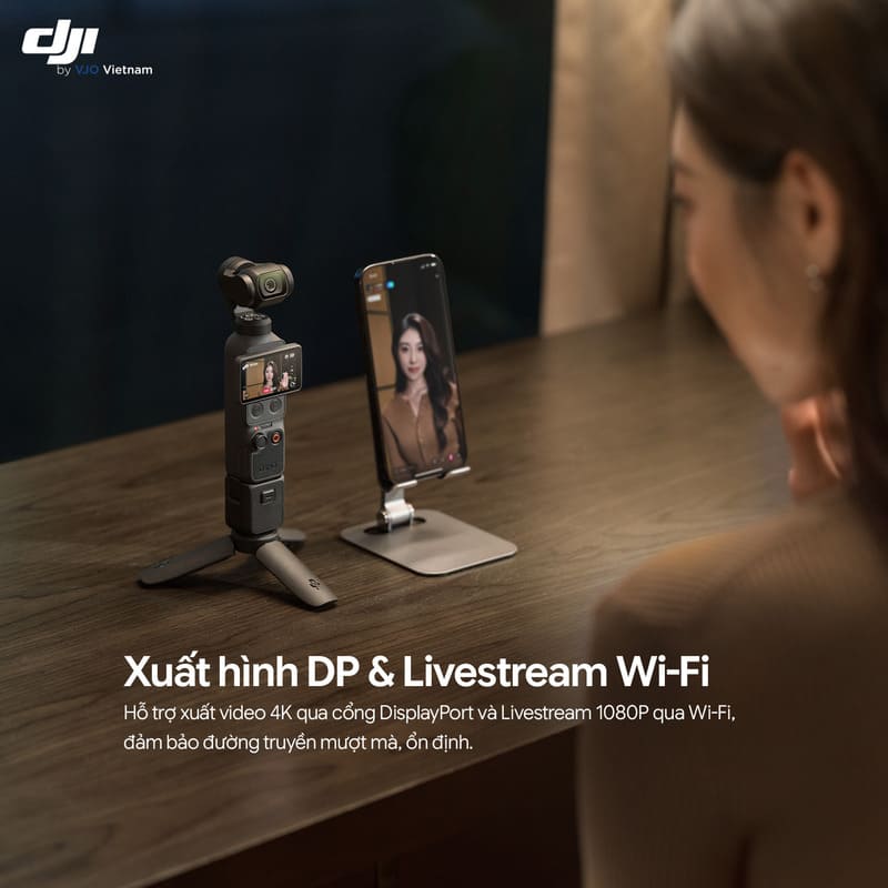 DJI Osmo Pocket 4 Creator Combo được trang bị hệ thống kết nối hiện đại với Wi-Fi băng tần kép (2.4GHz/5GHz) và Bluetooth 5.4