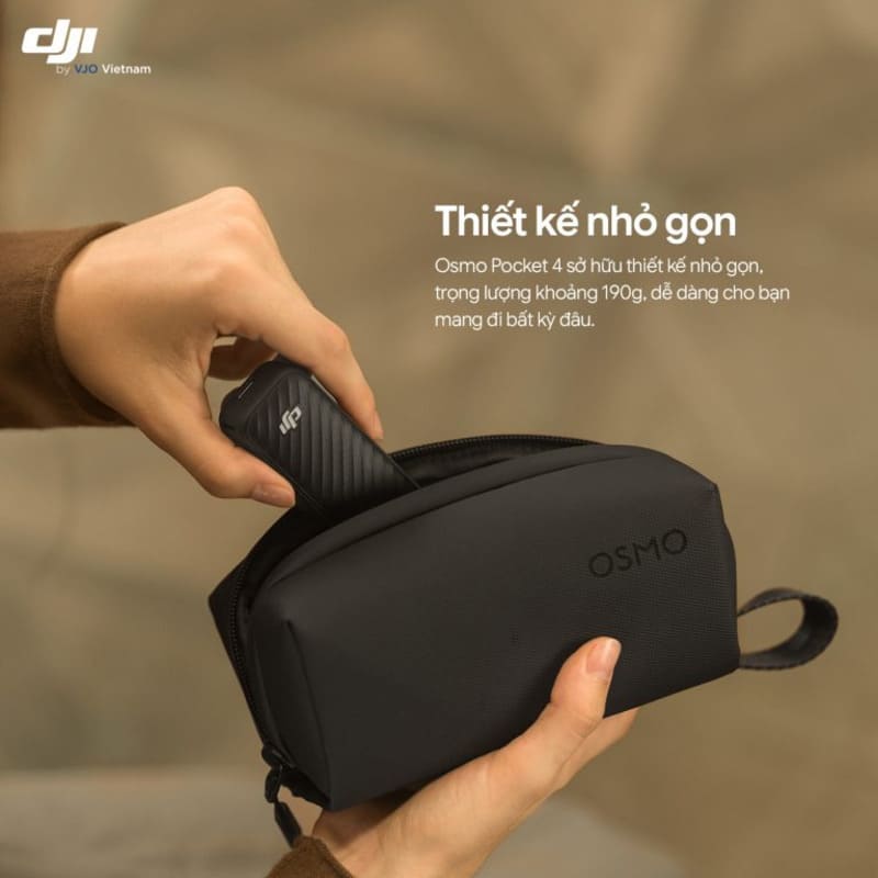 Camera cầm tay DJI Osmo Pocket 4 sở hữu kích thước 144.2 x 44.4 x 33.5 mm và trọng lượng chỉ 190.5g