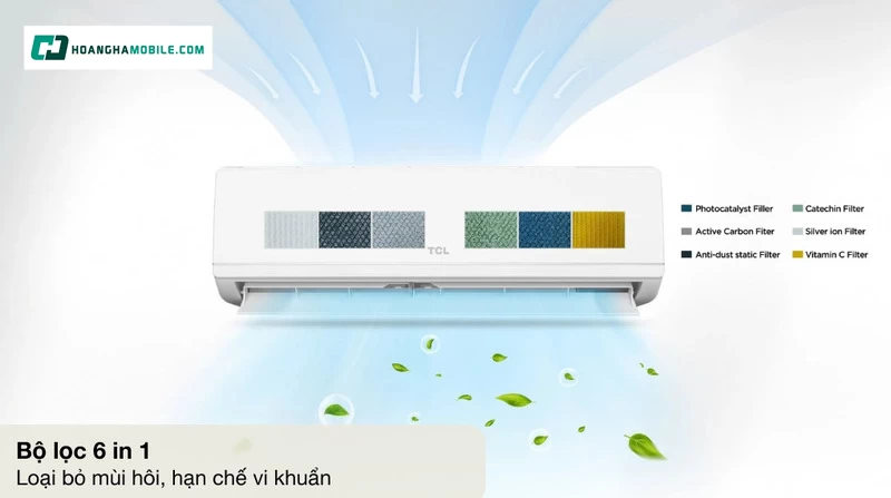Máy lạnh TCL Inverter Elite Pro 1.5 HP TEP-13CSD/F1I được trang bị bộ lọc 6 in 1 giúp loại bỏ bụi mịn, vi khuẩn, mùi khó chịu trong không khí Máy lạnh TCL Inverter Elite Pro 1.5 HP TEP-13CSD/F1I được trang bị bộ lọc 6 in 1 giúp loại bỏ bụi mịn, vi khuẩn, mùi khó chịu trong không khí