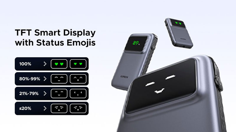 Màn hình TFT hiển thị dung lượng pin kết hợp biểu tượng emoji.