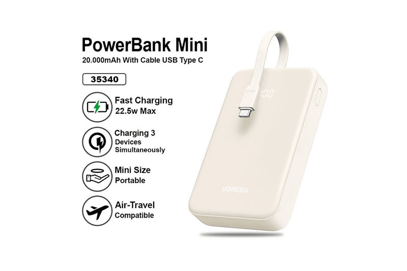 Sạc dự phòng 20000mAh UGREEN PB505 tích hợp cáp.