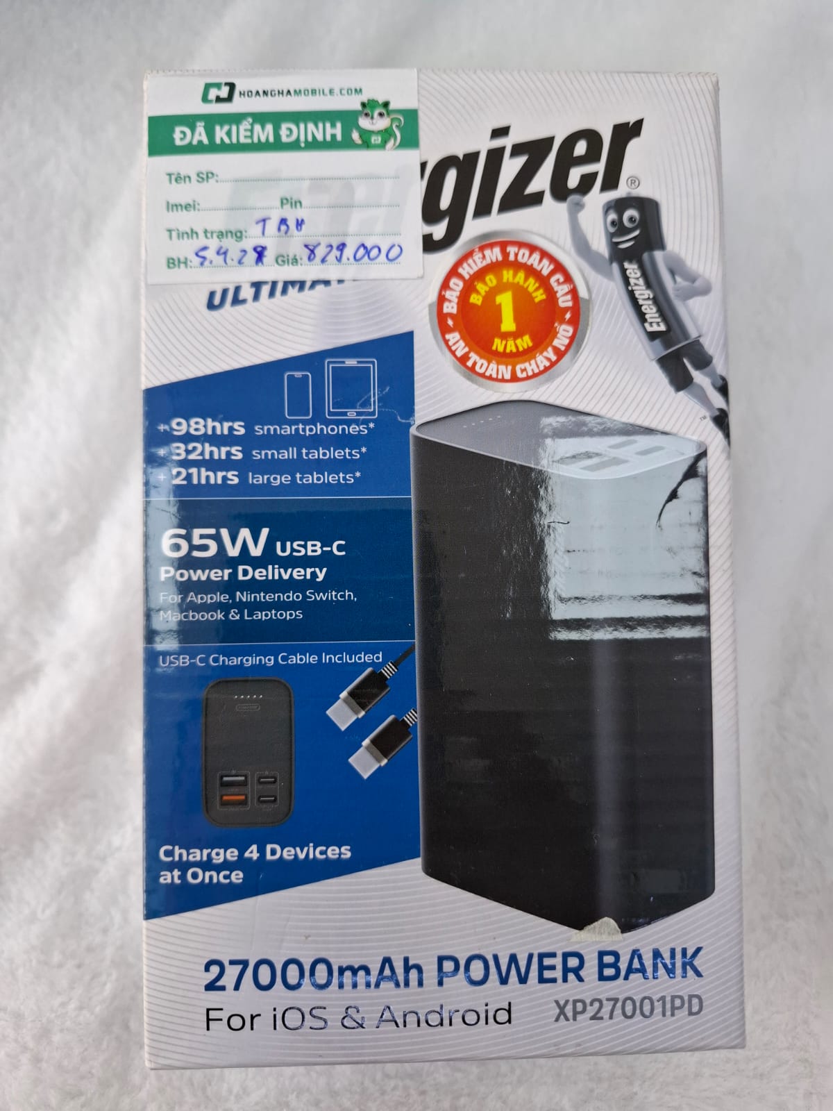 Sạc dự phòng Energizer PD65W 27,000mAh/3.7V Li-Polymer - XP27001PD Cũ