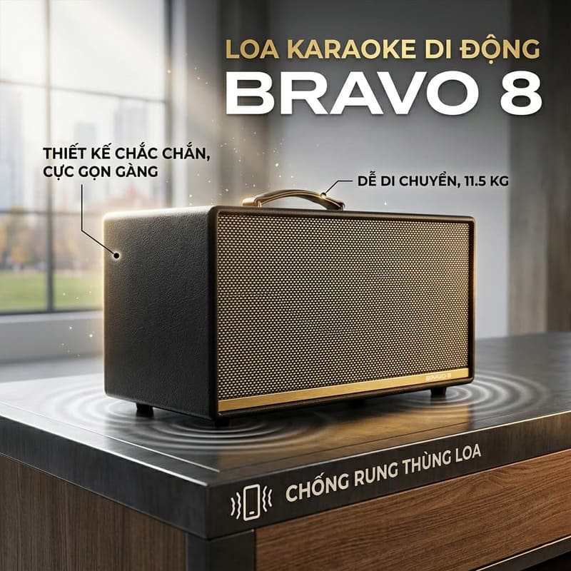 Loa Arirang BRAVO 8 nổi bật với thiết kế gọn nhẹ, trọng lượng khoảng 11.5kg cùng công suất 200W RMS