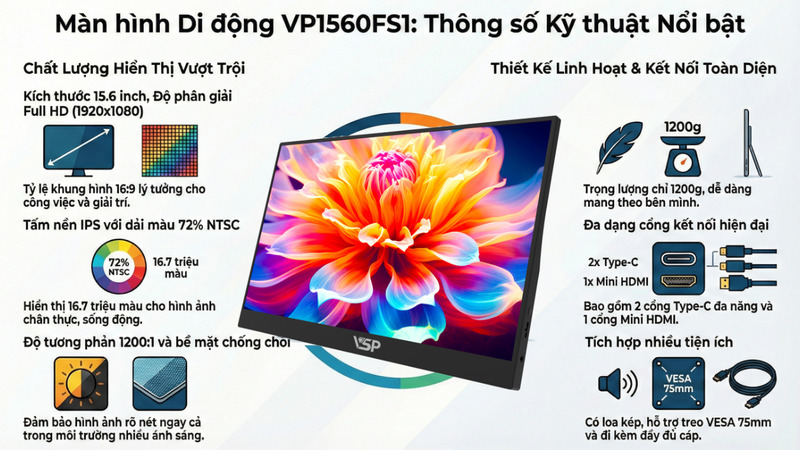Màn hình VP1560FS1 thiết kế đầy đủ tiện ích hỗ trợ. Màn hình VP1560FS1 thiết kế đầy đủ tiện ích hỗ trợ.