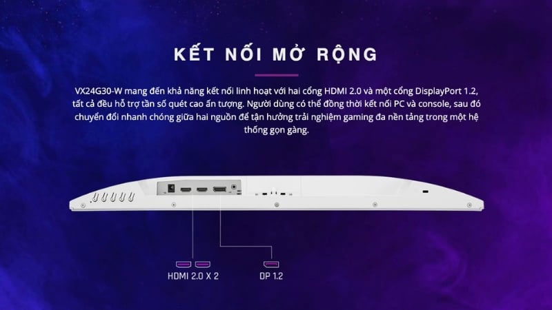 ViewSonic VX24G30-W được trang bị 2 cổng HDMI 2.0, 1 cổng DisplayPort 1.2 và jack âm thanh 3.5mm.