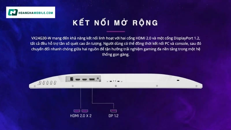 ViewSonic VX24G30-W được trang bị 2 cổng HDMI 2.0, 1 cổng DisplayPort 1.2 và jack âm thanh 3.5mm. ViewSonic VX24G30-W được trang bị 2 cổng HDMI 2.0, 1 cổng DisplayPort 1.2 và jack âm thanh 3.5mm.