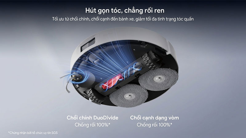 Roborock QRevo 2 Pro dùng chổi chính DuoDivide kết hợp chổi cạnh dạng vòm.