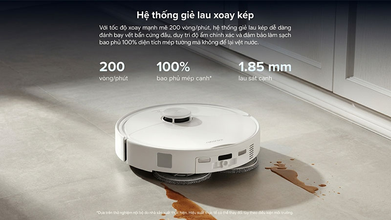 Roborock QRevo 2 Pro sử dụng hệ thống giẻ lau xoay kép với tốc độ 200 vòng/phút.