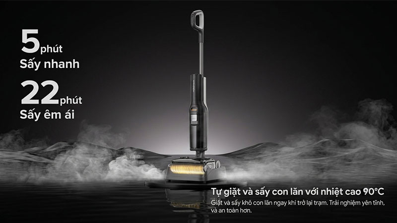 Roborock F25 Gen 2 là khả năng tự giặt và sấy con lăn bằng nhiệt độ cao 90°C.