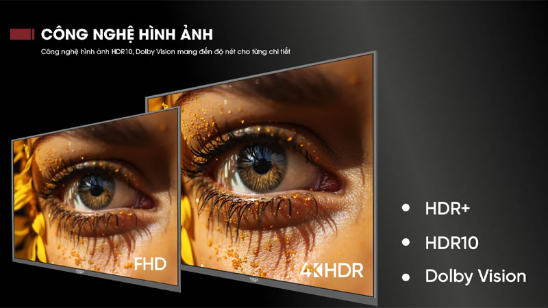 Smart TV VSP 65 inch QLED 4K VUE65GSU01 hỗ trợ Dolby Vision và HDR10.