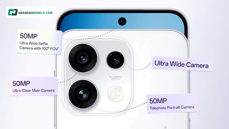 OPPO Reno16 F 5G có camera chính 50MP hỗ trợ OIS, camera góc siêu rộng 8MP và camera tele 50MP hỗ trợ OIS. OPPO Reno16 F 5G có camera chính 50MP hỗ trợ OIS, camera góc siêu rộng 8MP và camera tele 50MP hỗ trợ OIS.