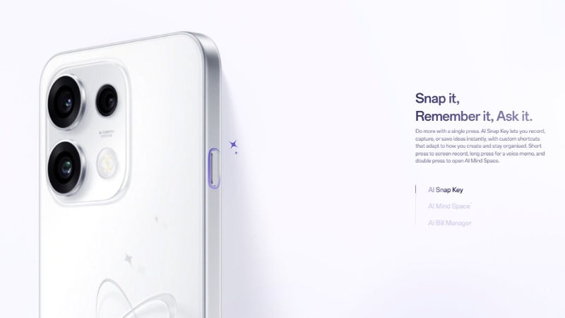 OPPO Reno16 F 5G có AI Snap Key, cho phép thao tác nhanh để ghi màn hình.