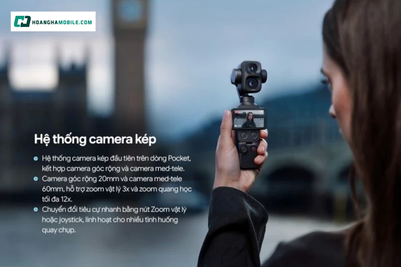 Hệ thống camera kép đầu tiên trên dòng Pocket kết hợp camera góc rộng và camera med-tele. Hệ thống camera kép đầu tiên trên dòng Pocket kết hợp camera góc rộng và camera med-tele.