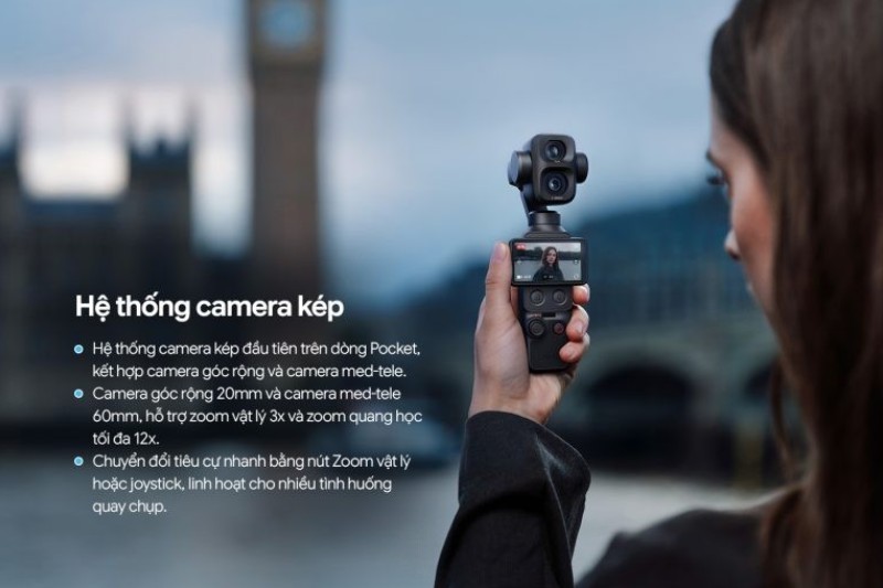 Camera kép DJI Osmo Pocket 4P thay đổi góc nhìn linh hoạt.