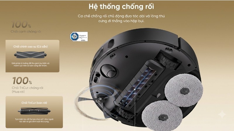 Dreame D30 Ultra CE có cơ chế chống rối chủ động, giúp đưa tóc dài và lông thú vào hộp bụi hiệu quả hơn.