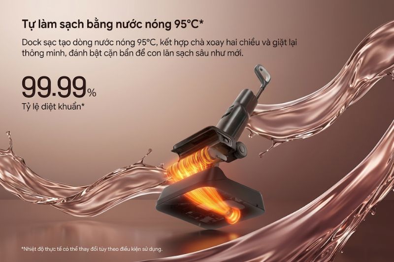 Dock tự giặt con lăn bằng nước nóng 95°C giúp làm sạch bụi bẩn, cặn bám và chất bẩn còn lại trên con lăn sau khi dọn nhà.