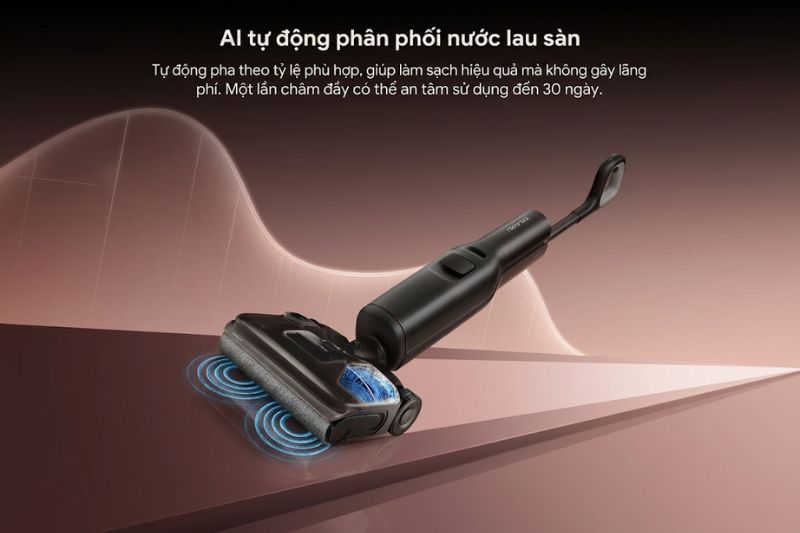 AI tự động pha nước lau sàn là điểm nâng cấp đáng giá trên Roborock F25 Pro Turbo.