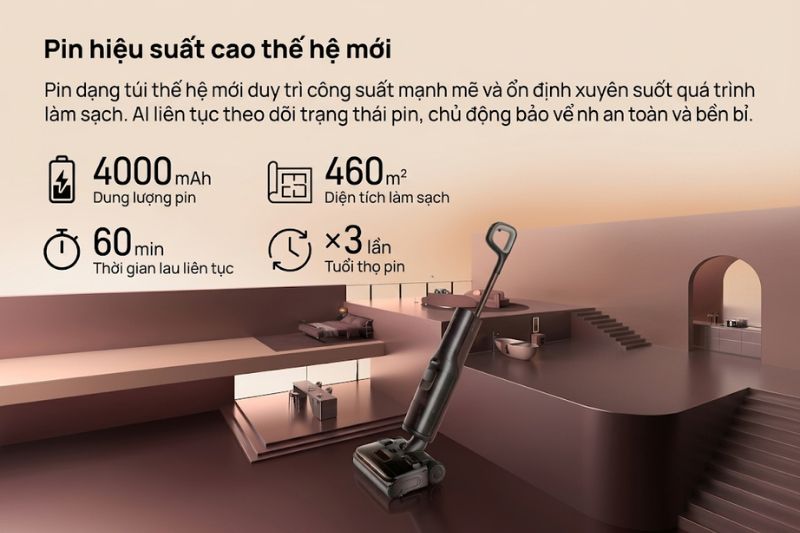 Pin 4.000mAh cho thời gian hoạt động lên đến 60 phút ở chế độ Eco