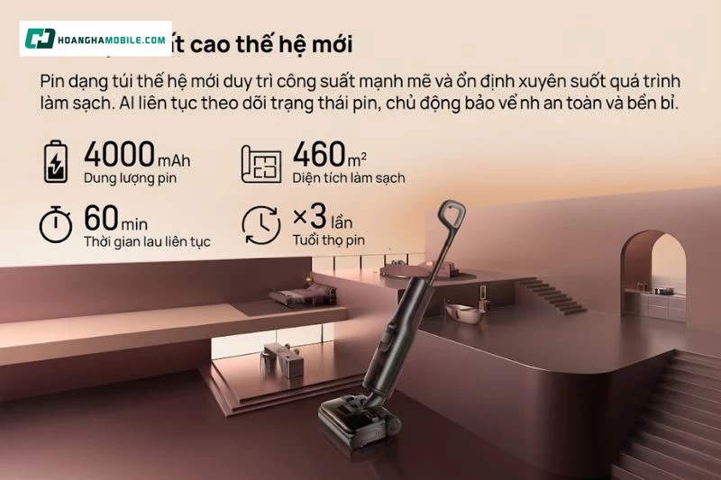 Pin 4.000mAh cho thời gian hoạt động lên đến 60 phút ở chế độ Eco Pin 4.000mAh cho thời gian hoạt động lên đến 60 phút ở chế độ Eco