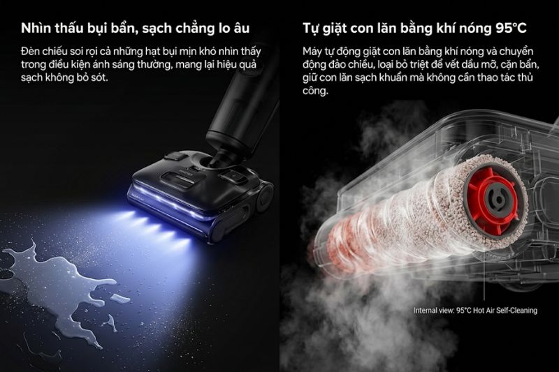 Tự giặt con lăn bằng nước nóng 95°C và sấy khí nóng 95°C là nhóm tính năng rất thực tế với máy hút bụi lau nhà.