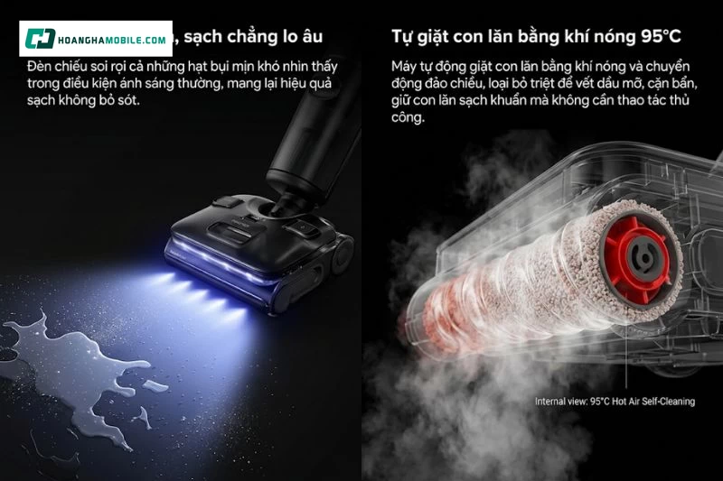 Tự giặt con lăn bằng nước nóng 95°C và sấy khí nóng 95°C là nhóm tính năng rất thực tế với máy hút bụi lau nhà. Tự giặt con lăn bằng nước nóng 95°C và sấy khí nóng 95°C là nhóm tính năng rất thực tế với máy hút bụi lau nhà.