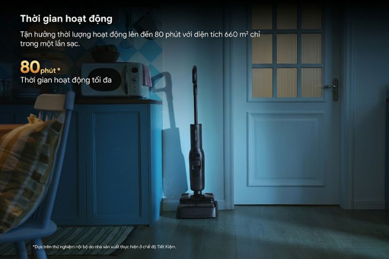 Roborock F25 Steam có thời gian hoạt động khoảng 49 phút ở chế độ Tự Động