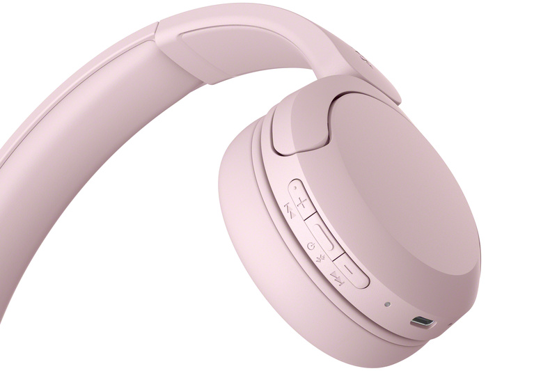 Tai nghe SONY màu hồng với nút bấm vật lý.