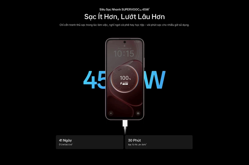 Tiêu chuẩn sạc nhanh với 45W. Tiêu chuẩn sạc nhanh với 45W.