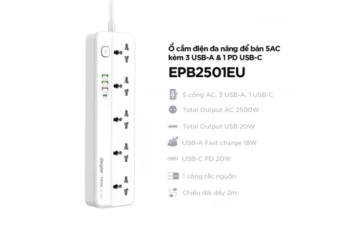 Ổ điện đa năng 5AC kèm 3USB-A và 1USB-C sạc nhanh PD (max 20W)
