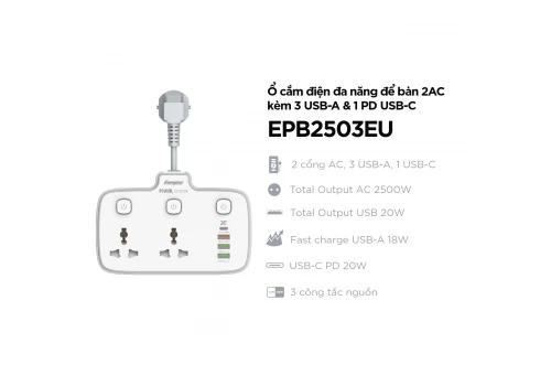 Ổ điện đa năng 2AC kèm 3USB-A và 1USB-C sạc nhanh PD (max 20W)