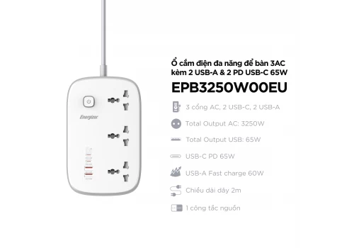 Ổ điện đa năng 3AC kèm 2USB-A và 2USB-C sạc nhanh PD (max 65W)