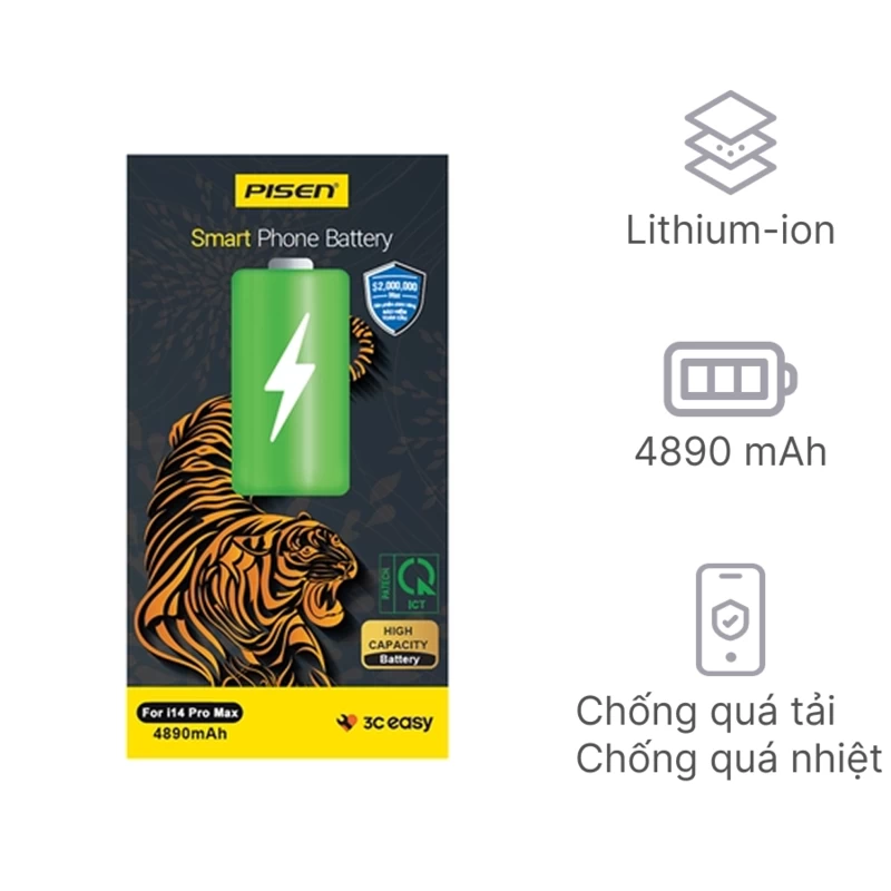 Pin iPhone 14 Pro Max PISEN dung lượng cao 4890mAh