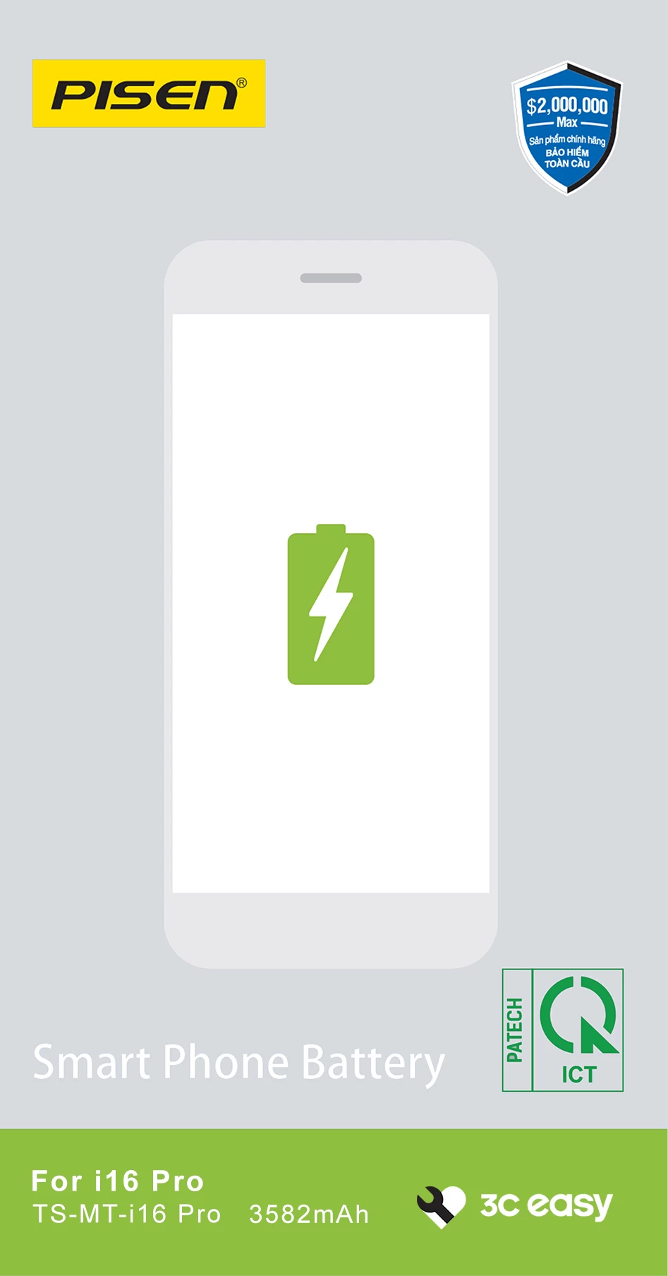 Pin iPhone 16 Pro chính hãng Pisen dung lượng chuẩn 3582mAh