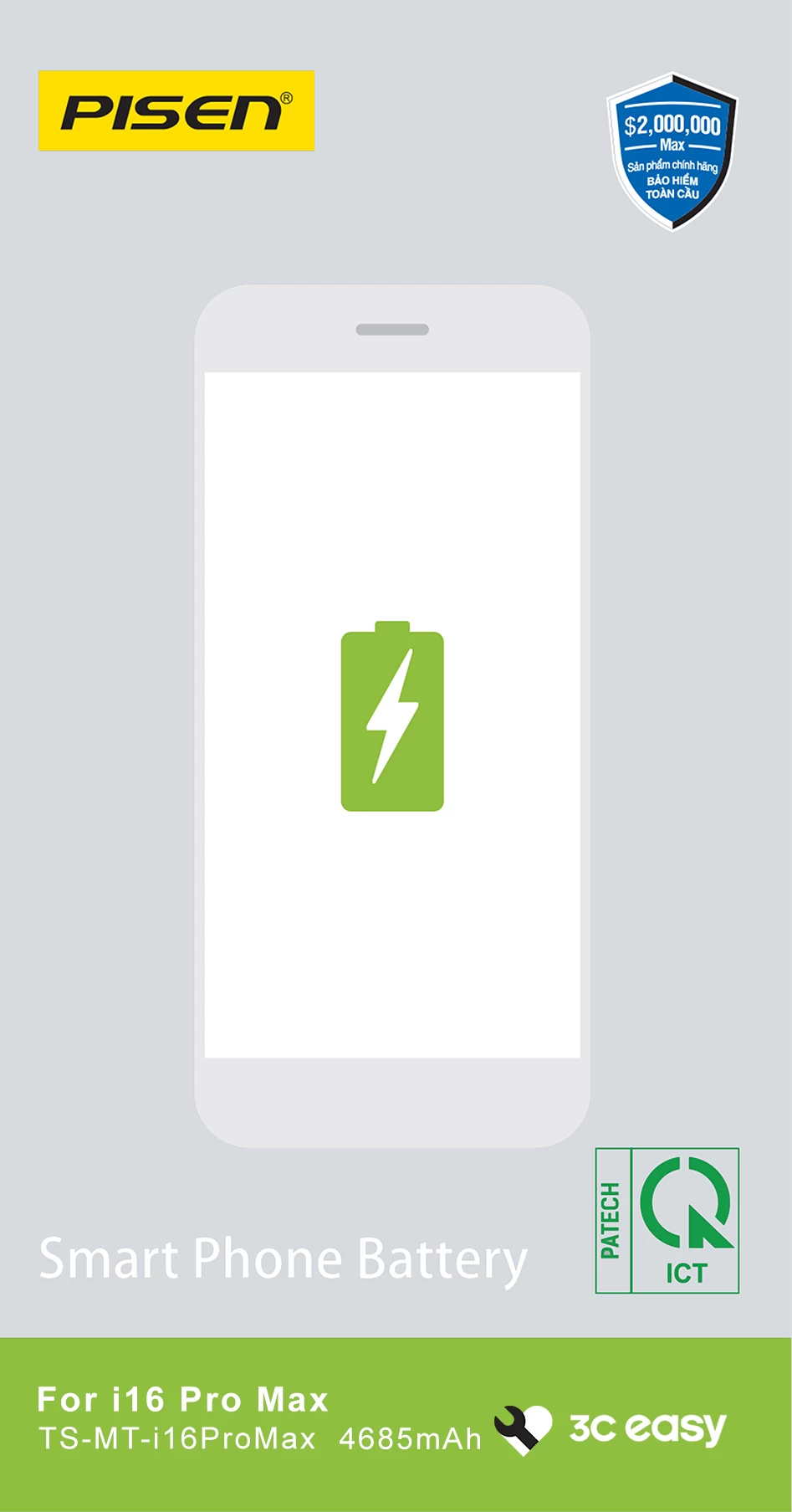 Pin iPhone 16 Pro Max chính hãng Pisen dung lượng chuẩn 4685mAh