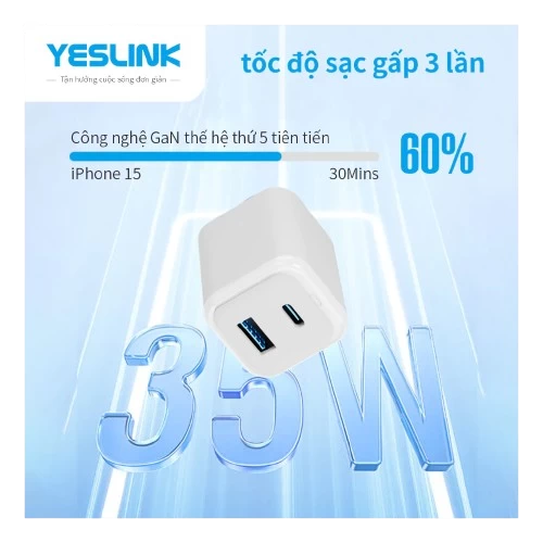 Củ Sạc Yeslink 35W 2 Cổng Usb - C+ Usb - A P1335B