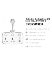 Ổ điện đa năng 2AC kèm 3USB-A và 1USB-C sạc nhanh PD (max 20W)